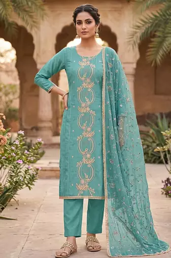 sky blue chanderi fancy partywear salwar kameez