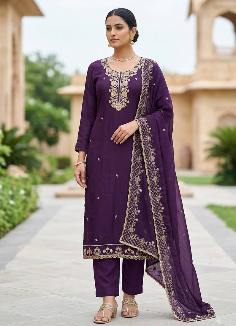 violet chanderi fancy partywear salwar kameez