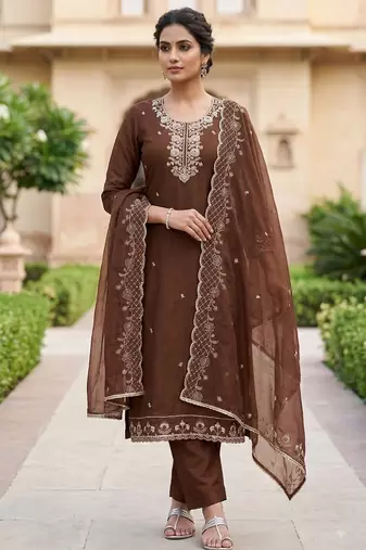 coffee chanderi fancy partywear salwar kameez