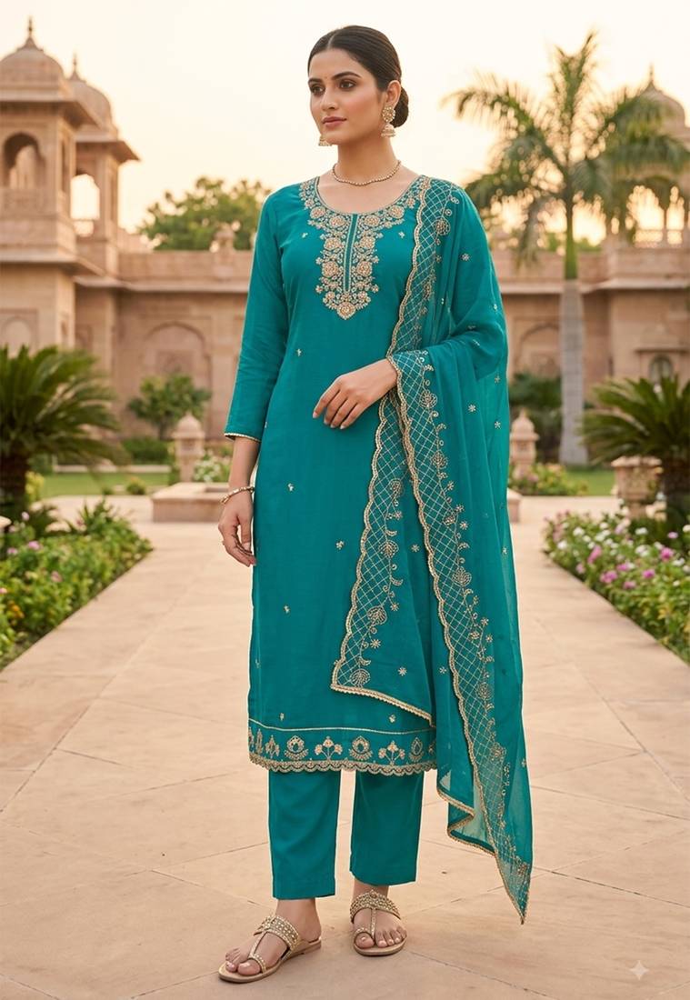 firozi chanderi fancy partywear salwar kameez