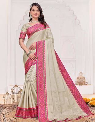 Beige color silk blend jacquard weaving saree with blouse piece 1