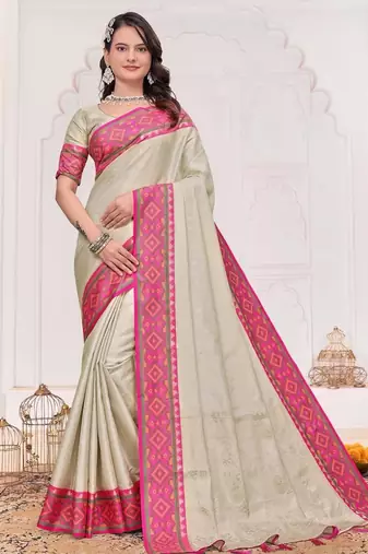 Beige color silk blend jacquard weaving saree with blouse piece