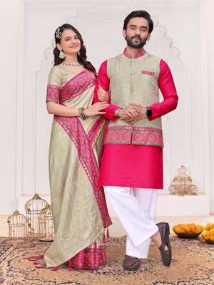 Beige color silk blend jacquard weaving saree with blouse piece 2