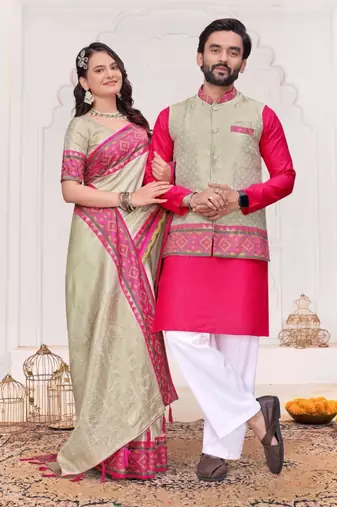 Beige color silk blend jacquard weaving saree with blouse piece