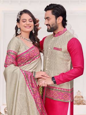 Beige color silk blend jacquard weaving saree with blouse piece 3