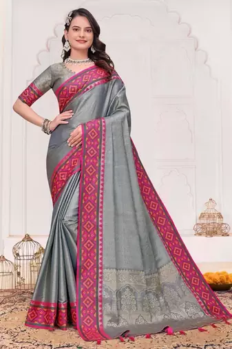 Grey color silk blend jacquard weaving saree with blouse piece