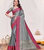 Grey color silk blend jacquard weaving saree with blouse piece