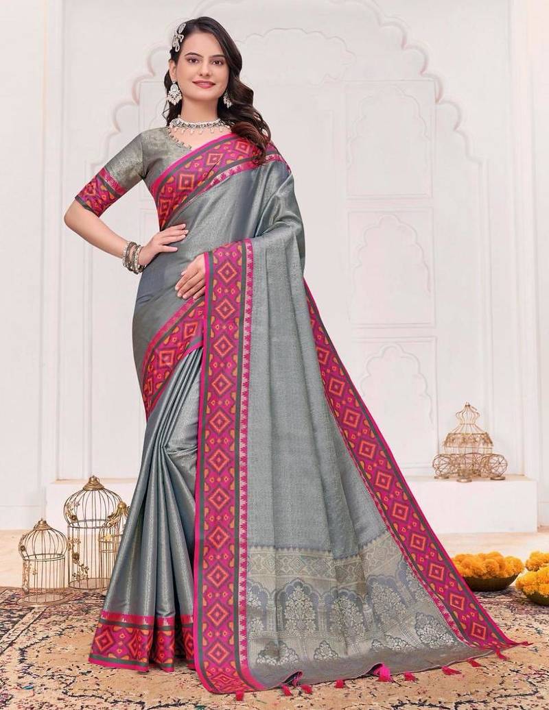 Grey color silk blend jacquard weaving saree with blouse piece
