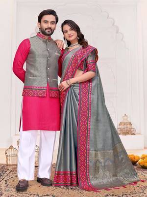 Grey color silk blend jacquard weaving saree with blouse piece 2