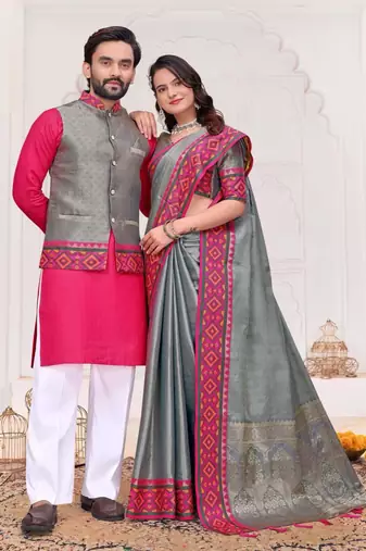 Grey color silk blend jacquard weaving saree with blouse piece