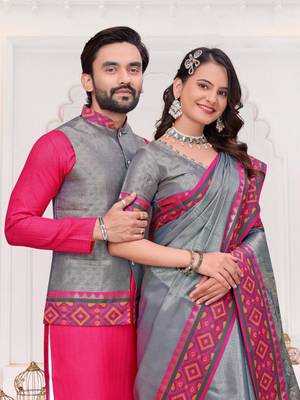Grey color silk blend jacquard weaving saree with blouse piece 3