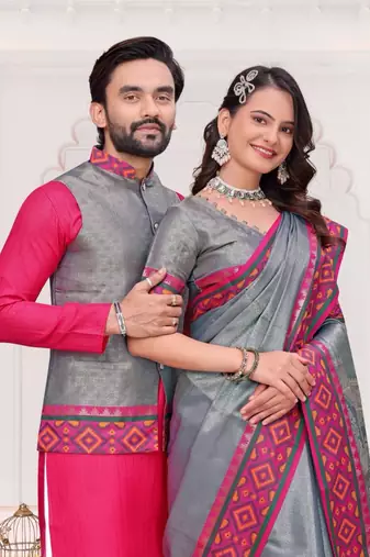Grey color silk blend jacquard weaving saree with blouse piece