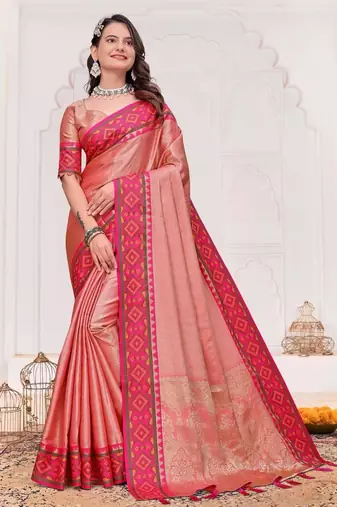 Pink color silk blend jacquard weaving saree with blouse piece