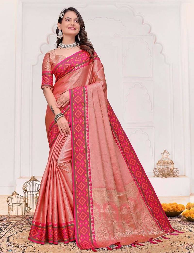 Pink color silk blend jacquard weaving saree with blouse piece
