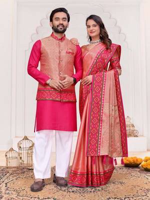 Pink color silk blend jacquard weaving saree with blouse piece 2