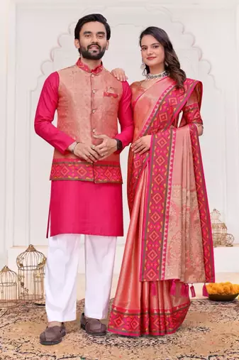 Pink color silk blend jacquard weaving saree with blouse piece