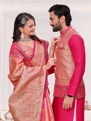 Pink color silk blend jacquard weaving saree with blouse piece 3