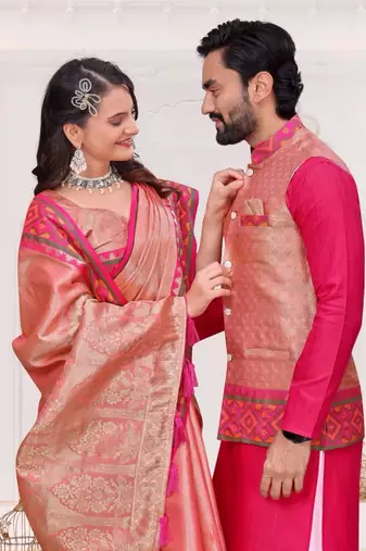 Pink color silk blend jacquard weaving saree with blouse piece