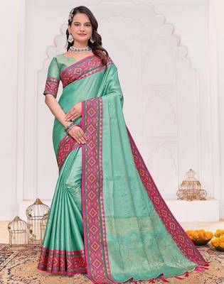 Sky bue color silk blend jacquard weaving saree with blouse piece 1