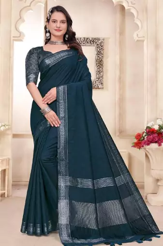 Blue color linen cotton zari border saree with running blouse