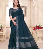 Blue color linen cotton zari border saree with running blouse
