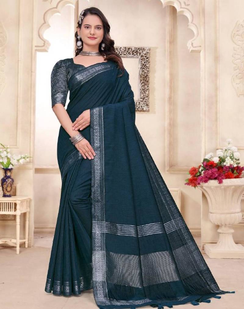 Blue color linen cotton zari border saree with running blouse