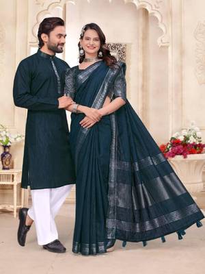 Blue color linen cotton zari border saree with running blouse 2
