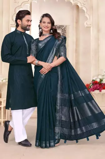 Blue color linen cotton zari border saree with running blouse