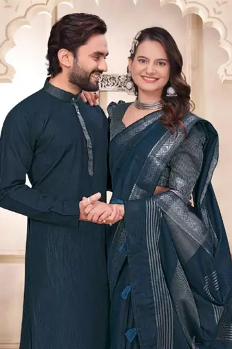 Blue color linen cotton zari border saree with running blouse