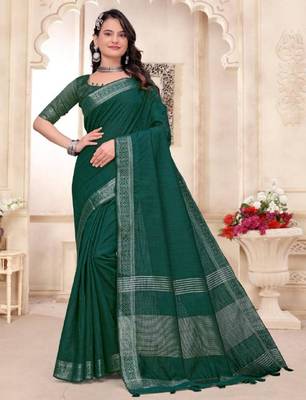 Green color linen cotton zari border saree with running blouse 1