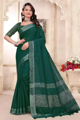 Green color linen cotton zari border saree with running blouse