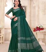 Green color linen cotton zari border saree with running blouse
