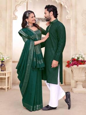 Green color linen cotton zari border saree with running blouse 2