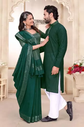 Green color linen cotton zari border saree with running blouse