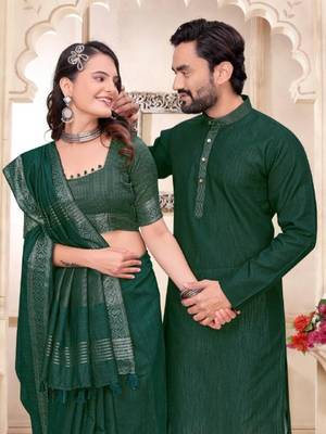 Green color linen cotton zari border saree with running blouse 3