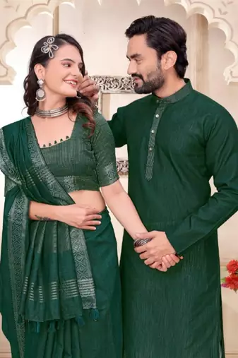 Green color linen cotton zari border saree with running blouse