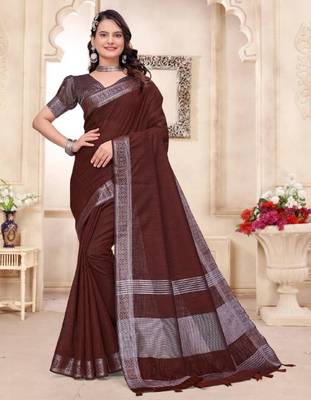 Maroon color linen cotton zari border saree with running blouse 1