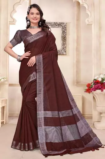 Maroon color linen cotton zari border saree with running blouse