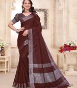 Maroon color linen cotton zari border saree with running blouse