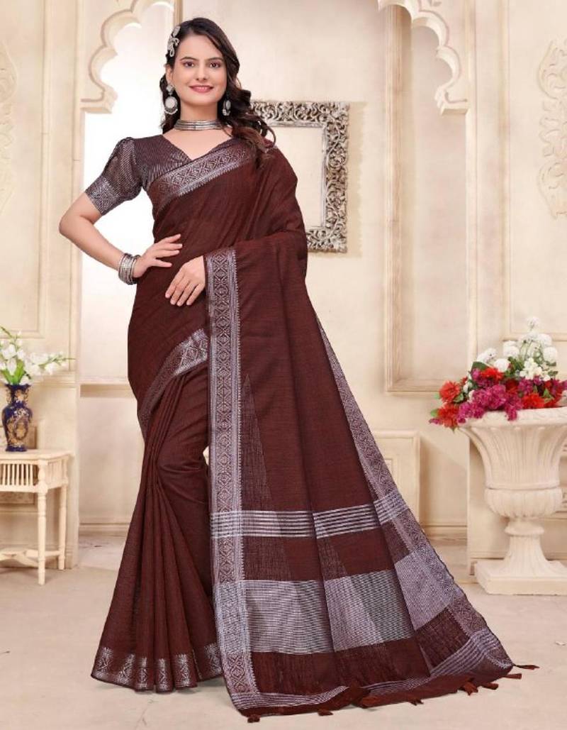 Maroon color linen cotton zari border saree with running blouse