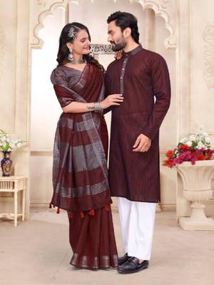 Maroon color linen cotton zari border saree with running blouse 2