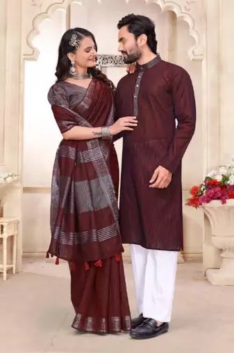 Maroon color linen cotton zari border saree with running blouse