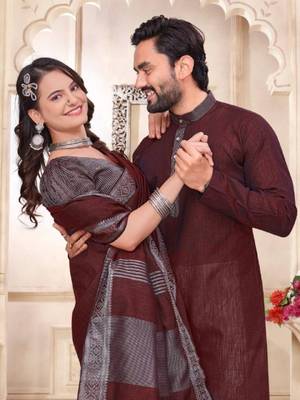 Maroon color linen cotton zari border saree with running blouse 3