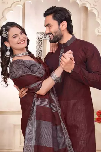 Maroon color linen cotton zari border saree with running blouse