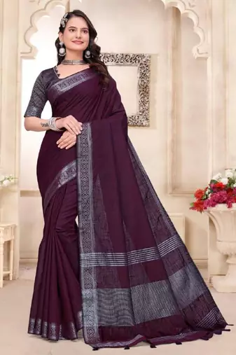 Purple color linen cotton zari border saree with running blouse