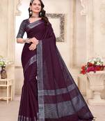 Purple color linen cotton zari border saree with running blouse