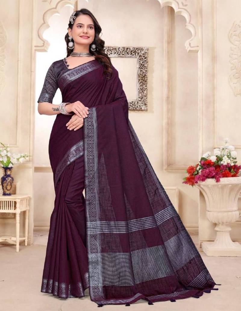 Purple color linen cotton zari border saree with running blouse