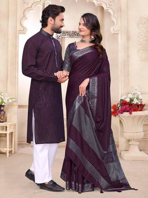 Purple color linen cotton zari border saree with running blouse 2