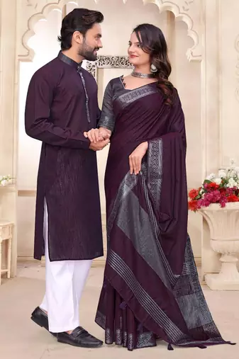 Purple color linen cotton zari border saree with running blouse