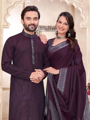 Purple color linen cotton zari border saree with running blouse 3
